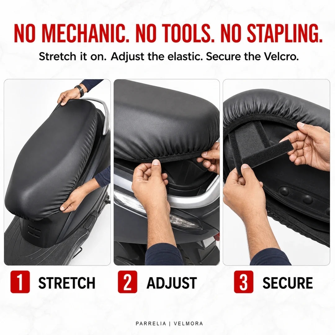 Three easy steps to fit the Velmora scooter seat cover without tools
