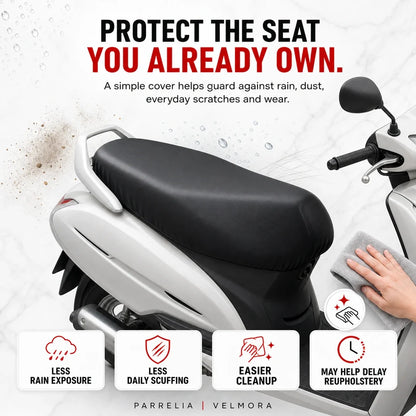 Velmora scooter seat cover protecting an original scooter seat from rain dust and everyday wear