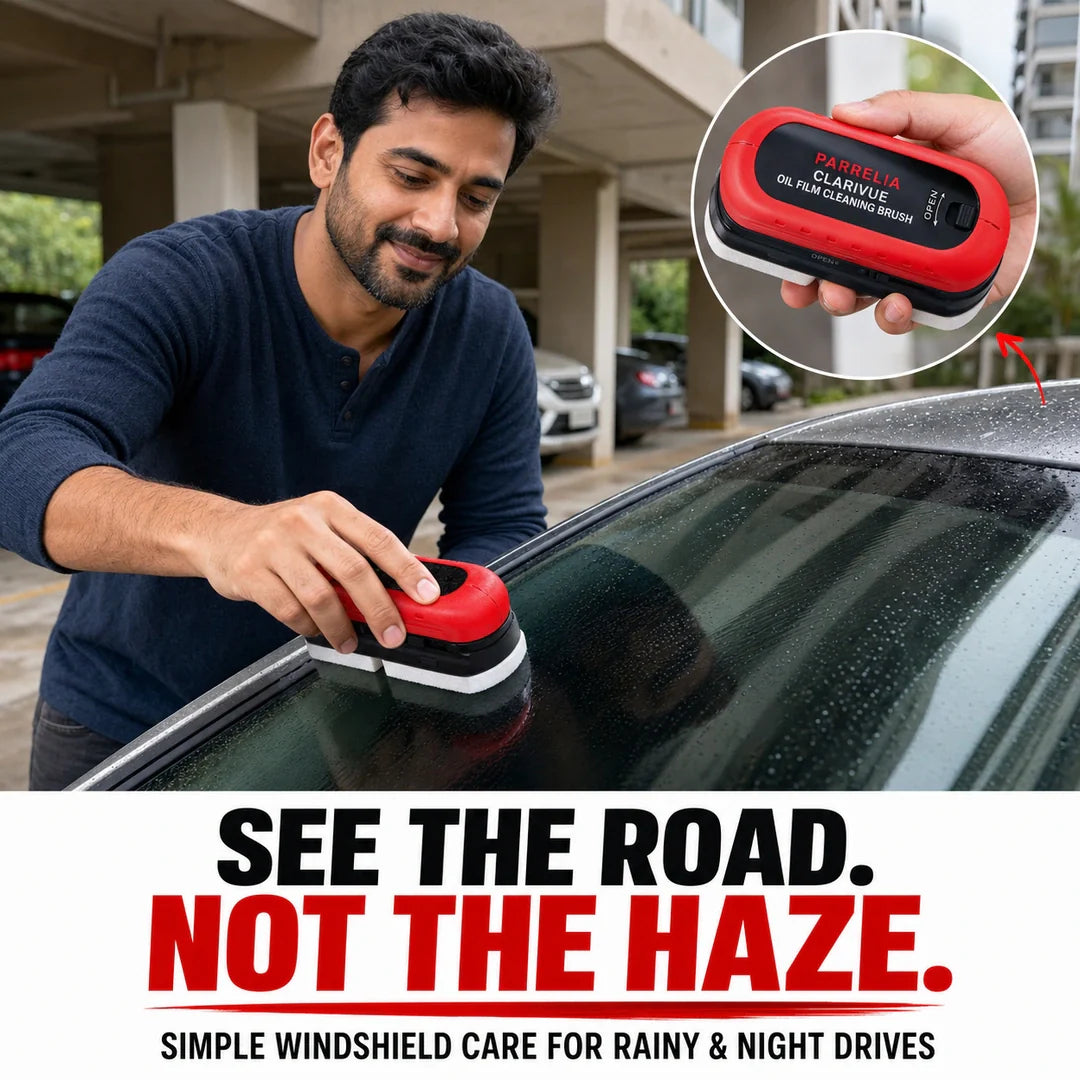 ClariVue Oil Film Cleaning Brush used on a car windshield