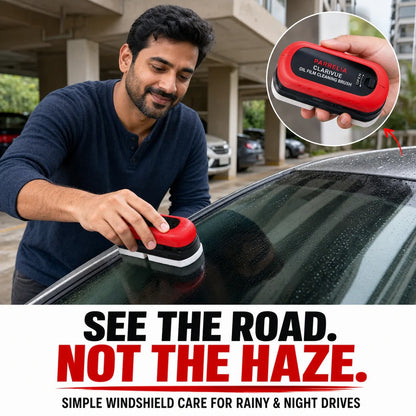 ClariVue Oil Film Cleaning Brush used on a car windshield