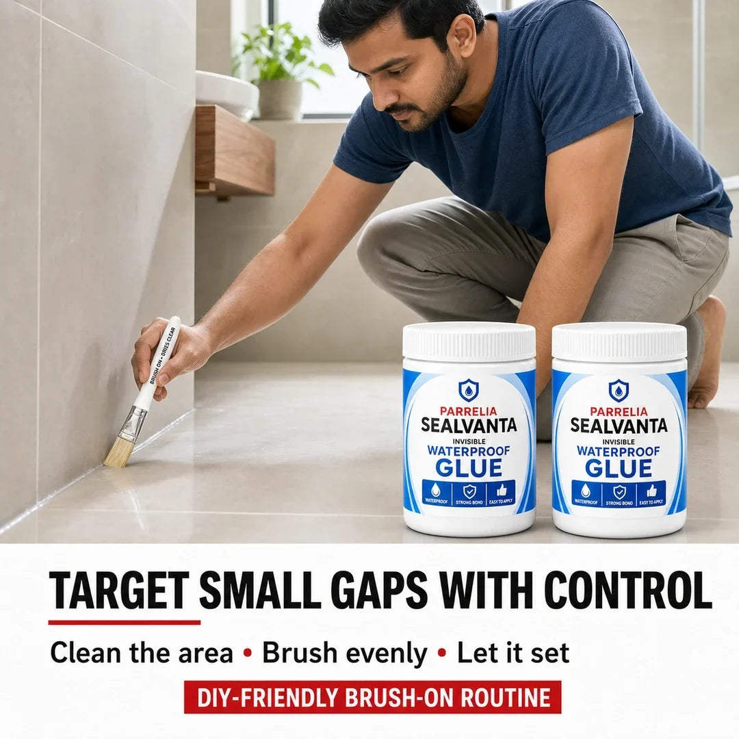 Applying Sealvanta clear waterproof glue to a bathroom joint