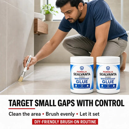 Applying Sealvanta clear waterproof glue to a bathroom joint