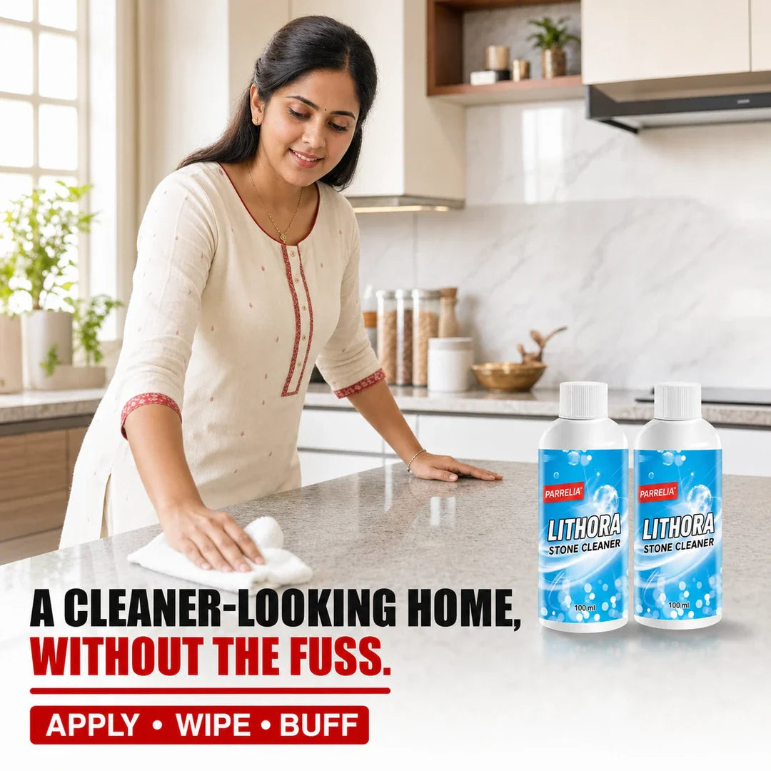 South Asian woman using Lithora Stone Surface Cleaner in a modern kitchen