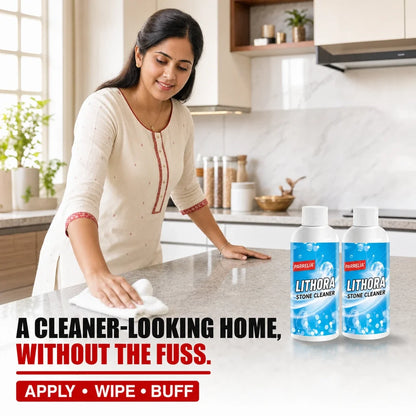 South Asian woman using Lithora Stone Surface Cleaner in a modern kitchen