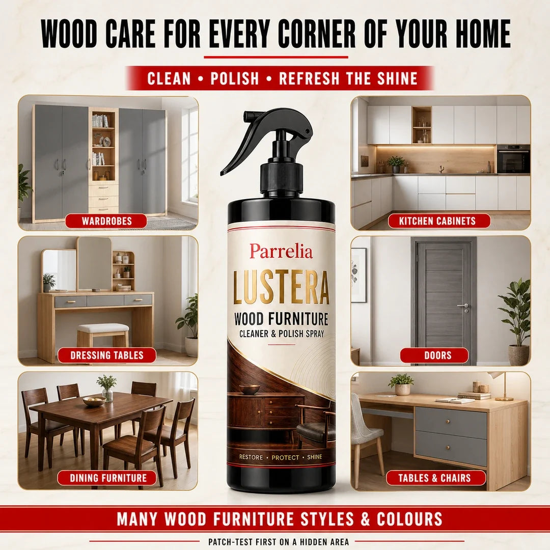 Lustera wood cleaner and polish for modern wooden furniture in many styles and colours