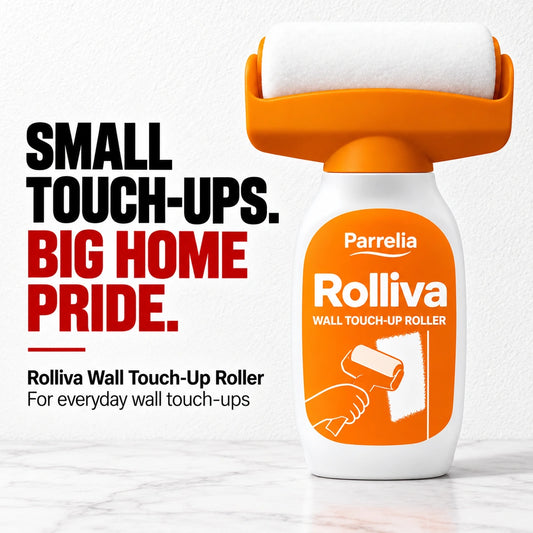 Rolliva Wall Touch-Up Roller by Parrelia with orange cradle, white roller head and white bottle.