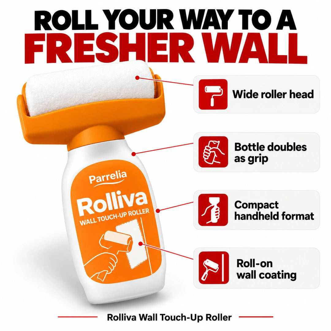 Rolliva Wall Touch-Up Roller features: wide white roller head, bottle grip and compact roll-on wall coating design.