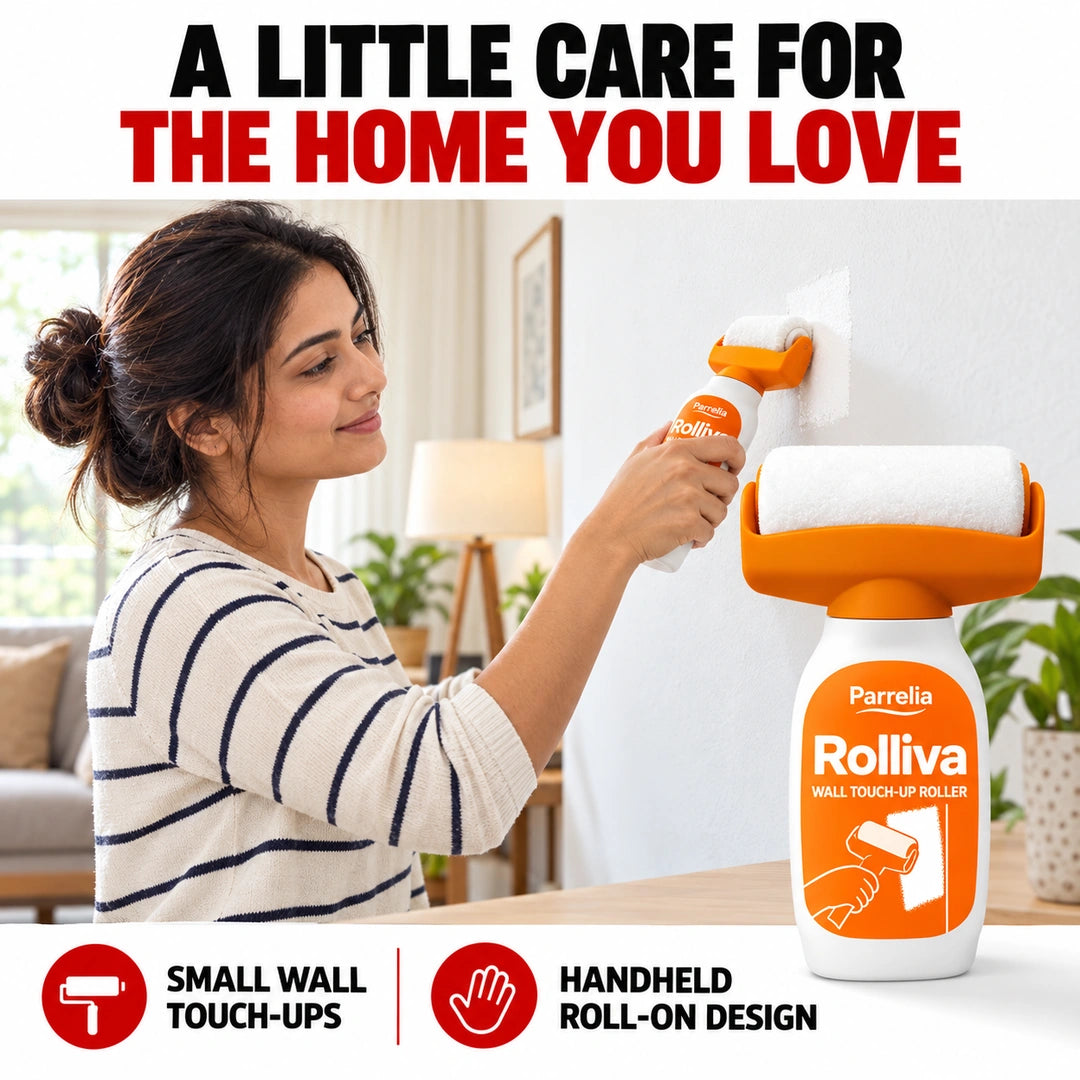 South Asian woman using the Rolliva Wall Touch-Up Roller for a small white interior wall touch-up.