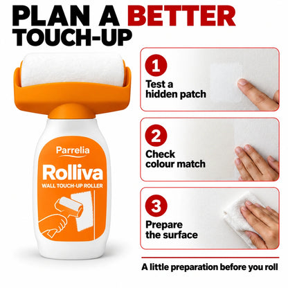 Rolliva Wall Touch-Up Roller with preparation guidance: test a hidden patch, check colour match and prepare the surface.