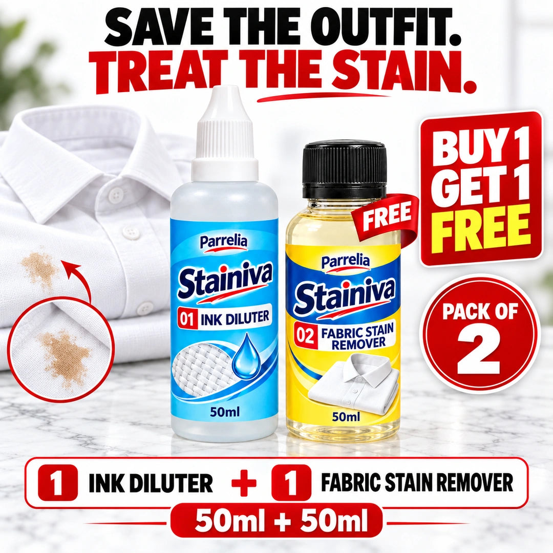 Stainiva fabric stain remover combo by Parrelia: one 50ml ink diluter and one 50ml fabric stain remover, Buy 1 Get 1 Free, Pack of 2.