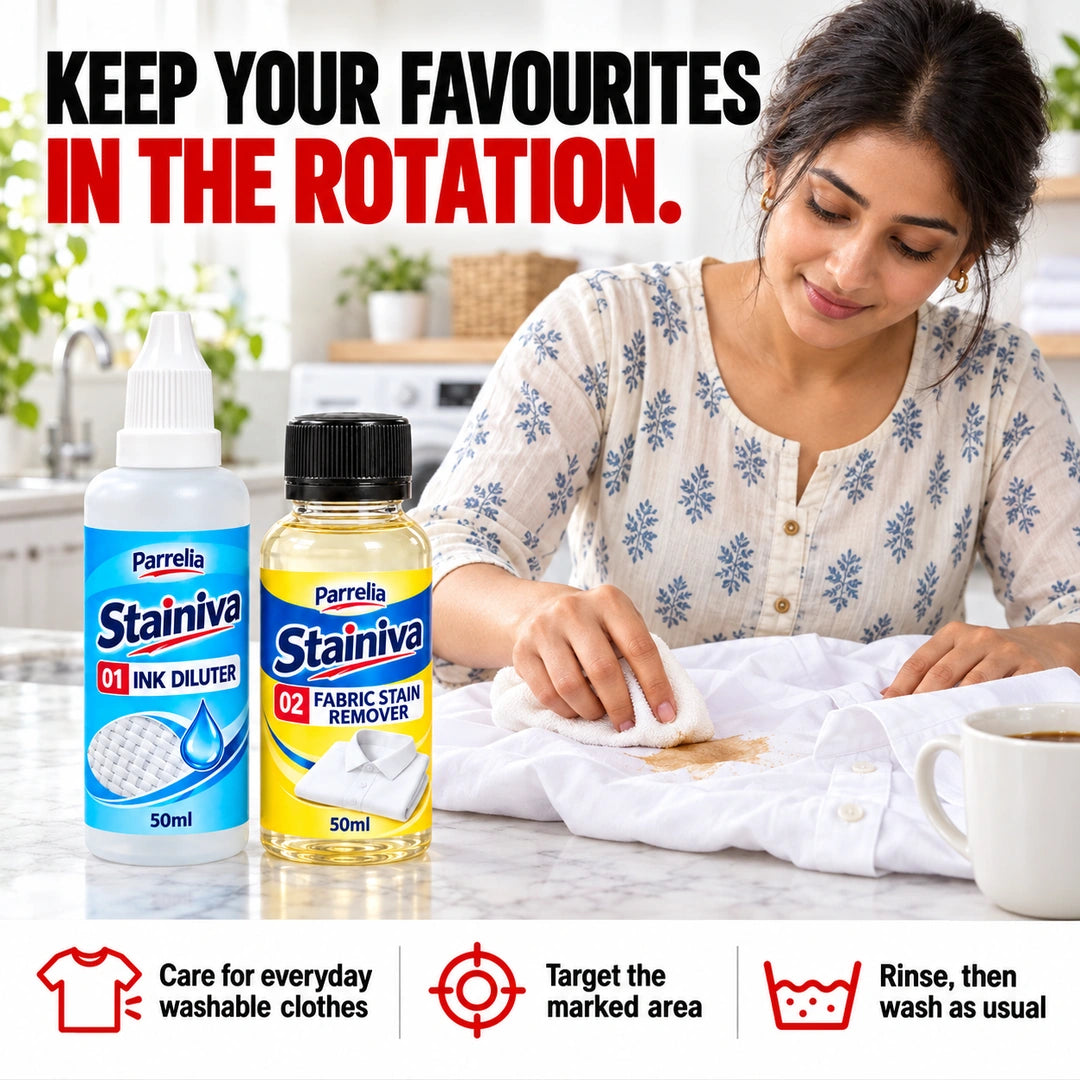 South Asian woman gently blotting a washable shirt, with the accurate Stainiva two-bottle combo.