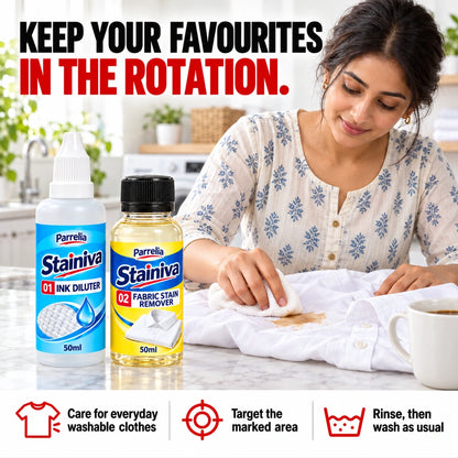 South Asian woman gently blotting a washable shirt, with the accurate Stainiva two-bottle combo.