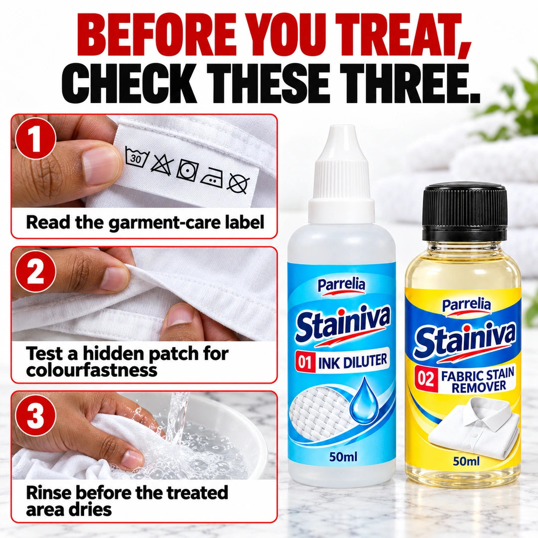 Stainiva fabric-care checks: read the garment label, test colourfastness and rinse before drying.