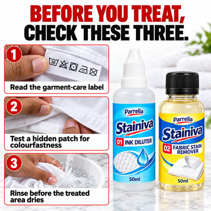 Stainiva fabric-care checks: read the garment label, test colourfastness and rinse before drying.