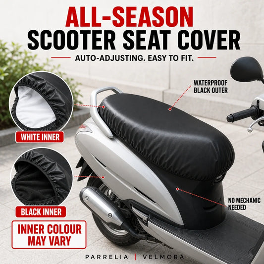 Velmora scooter seat cover showing white and black inner lining options; inner colour may vary
